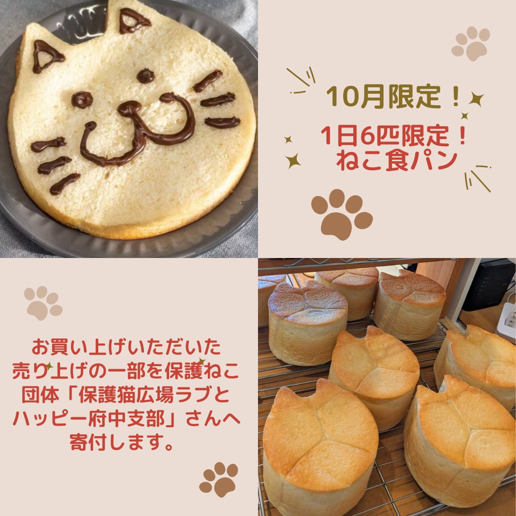 【10月限定！1日6匹限定！美味しく食べて、保護猫ちゃん達を助けよう】10月限定でねこ食パンを販売します！毎日9:00頃に6匹限定で焼き上がります一匹につき、売り上げから50円を保護猫団体「保護猫広場　ラブとハッピ ー　府中支部」 @fuchu2022cat  さんへ寄付します！モッチリねこ食パンをゲットして、保護猫ちゃん達を助けよう♡今週のお楽しみクーポンは...「紅茶クリームパン」を抽選で15名様にプレゼントクーポンの利用期間は来週の金曜日までです。クーポンで当たったパンが売り切れの場合は引き換えができませんので、引き換えには余裕を持ってお早めにご来店くださいプロフィールのURLからお友だち登録ができます！#pino #パン #パン屋 #調布 #国領 #調布パン屋⁡#バゲット #bread #bakery #京王線 #無添加パン⁡#おいしいパン #おいしいパン屋さん #食パン⁡#クリームパン #国産小麦 #パン好きな人と繋がりたい #ねこ食パン